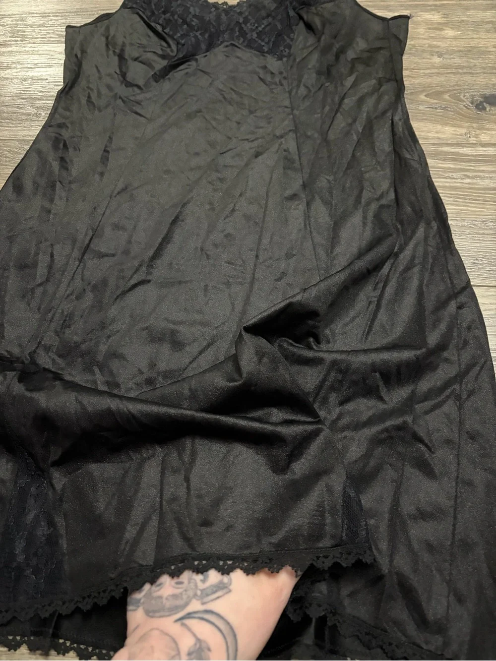 70s European Vintage Triumph Silky Lace Accent Midi Slip Dress (Black) Size M
